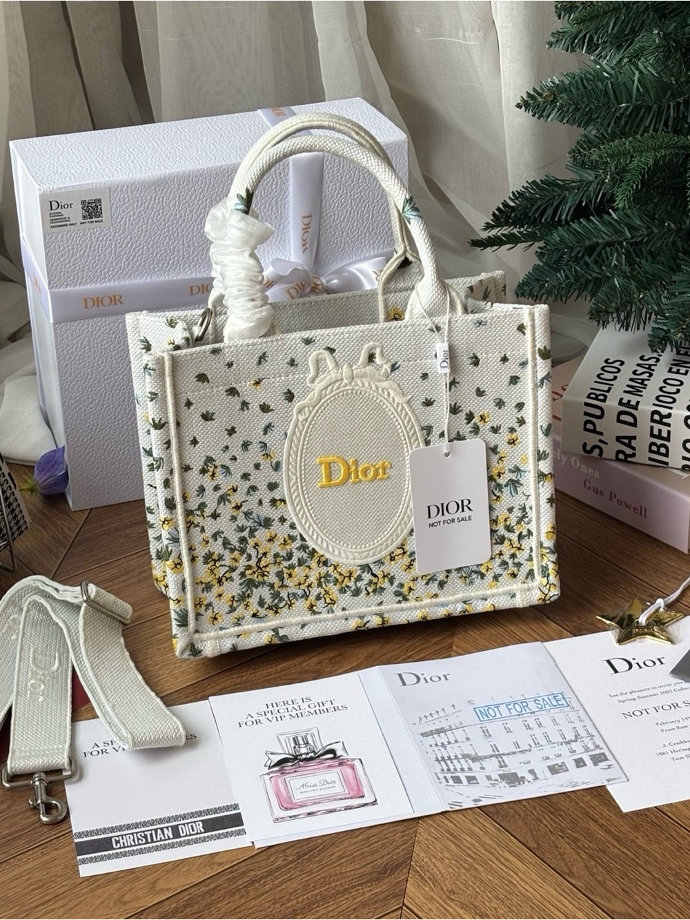 Dior Cream and Yellow Floral Embroidered Tote